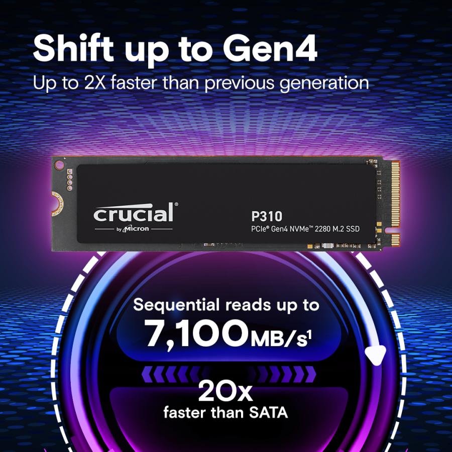 Crucial CT1000P310SSD8 P310 SSD, 1 TB, M.2 PCIe Gen4 NVMe, 3D NAND, 7100/ 6000 MB/s