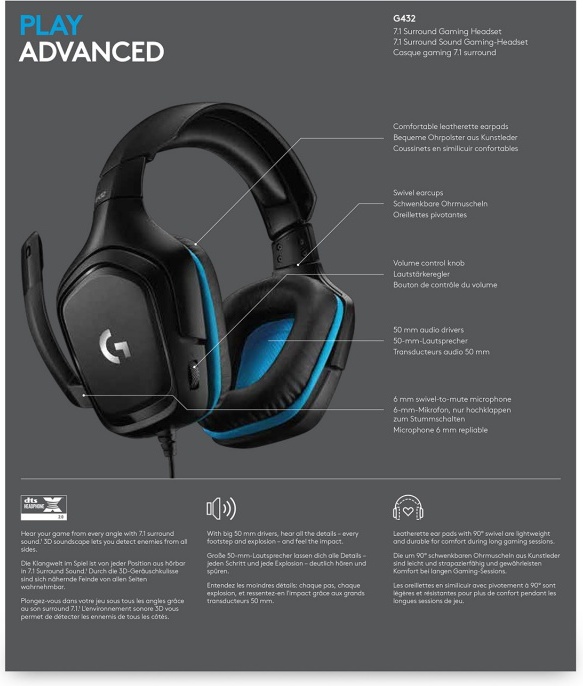 LOGITECH Gaming Headset G432 Headset 7.1 channel full size wired USB 3.5 mm jack black